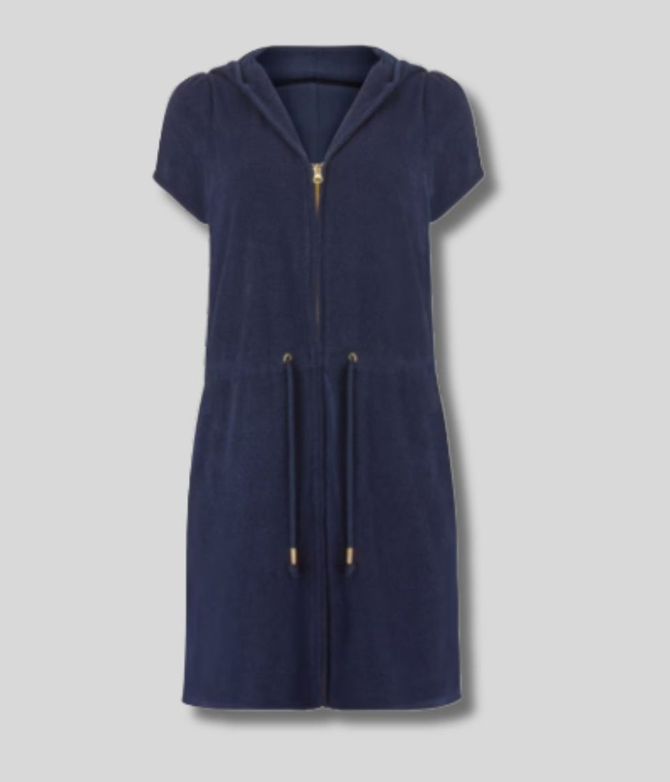 Navy Zip Front Towelling Beach Midi Dress
