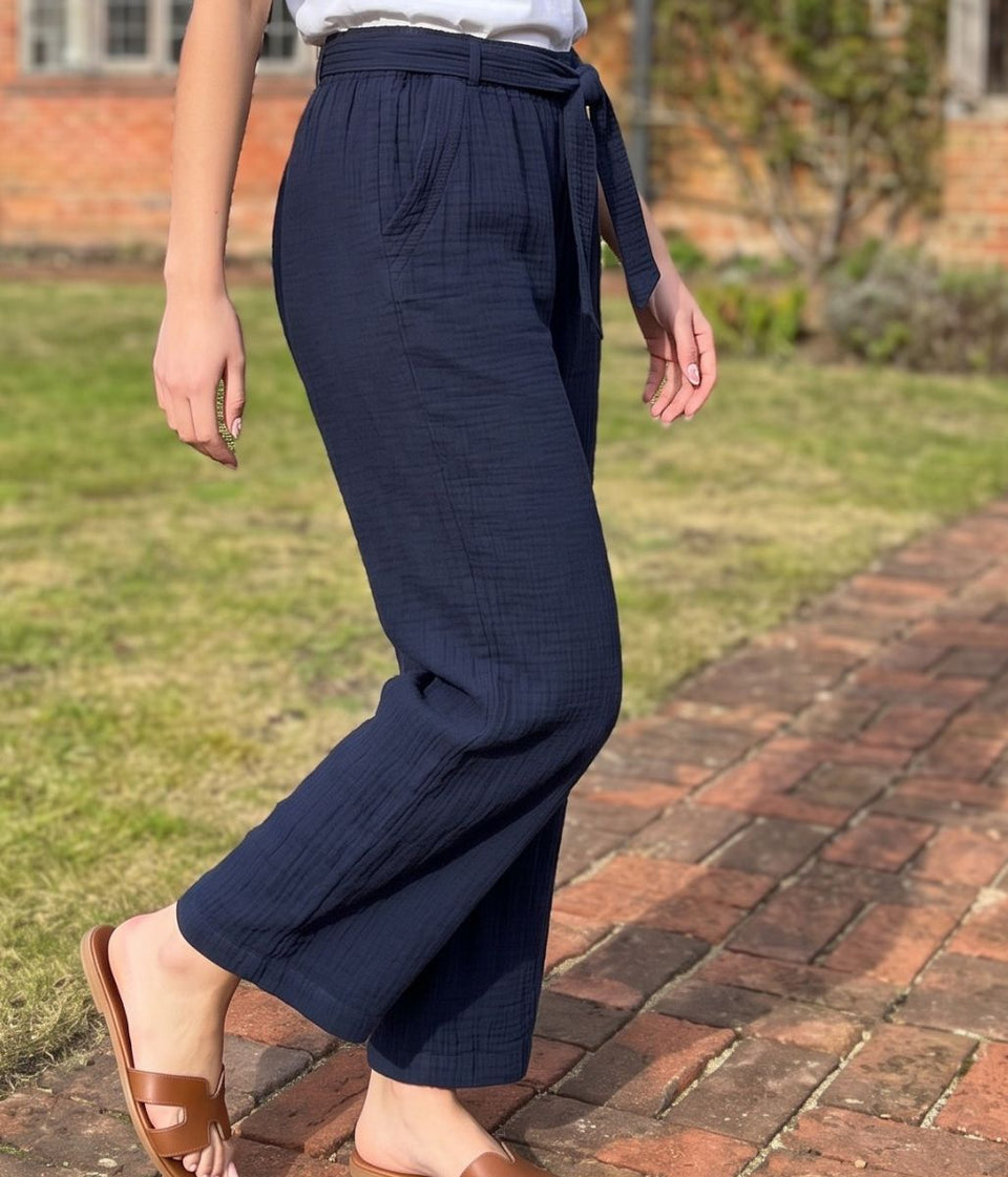 Navy Belted Cheesecloth Cotton Trousers
