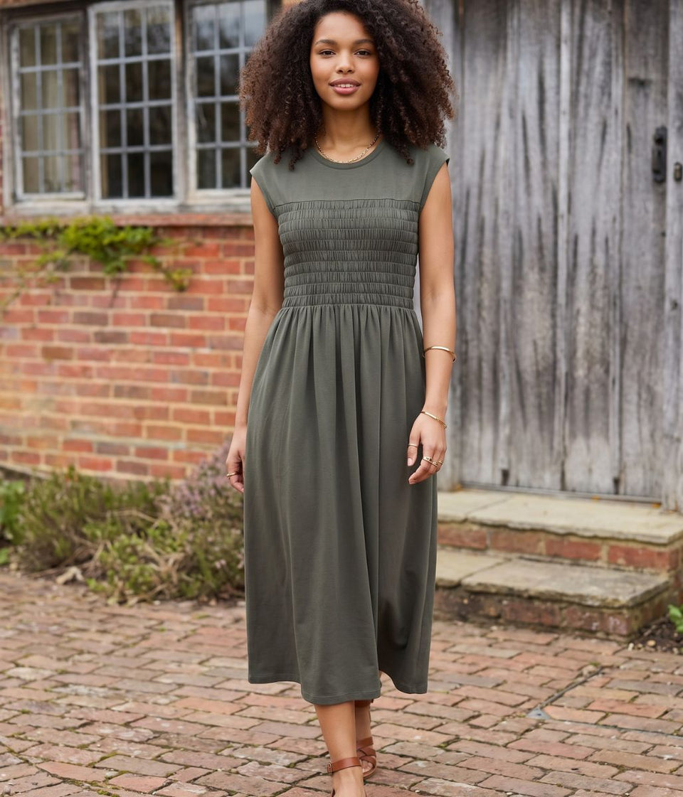 Khaki Shirred Jersey Dress