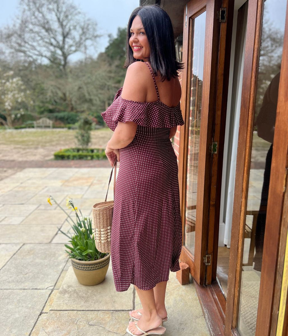 Brown Polka Dot Ruffle Midi Dress