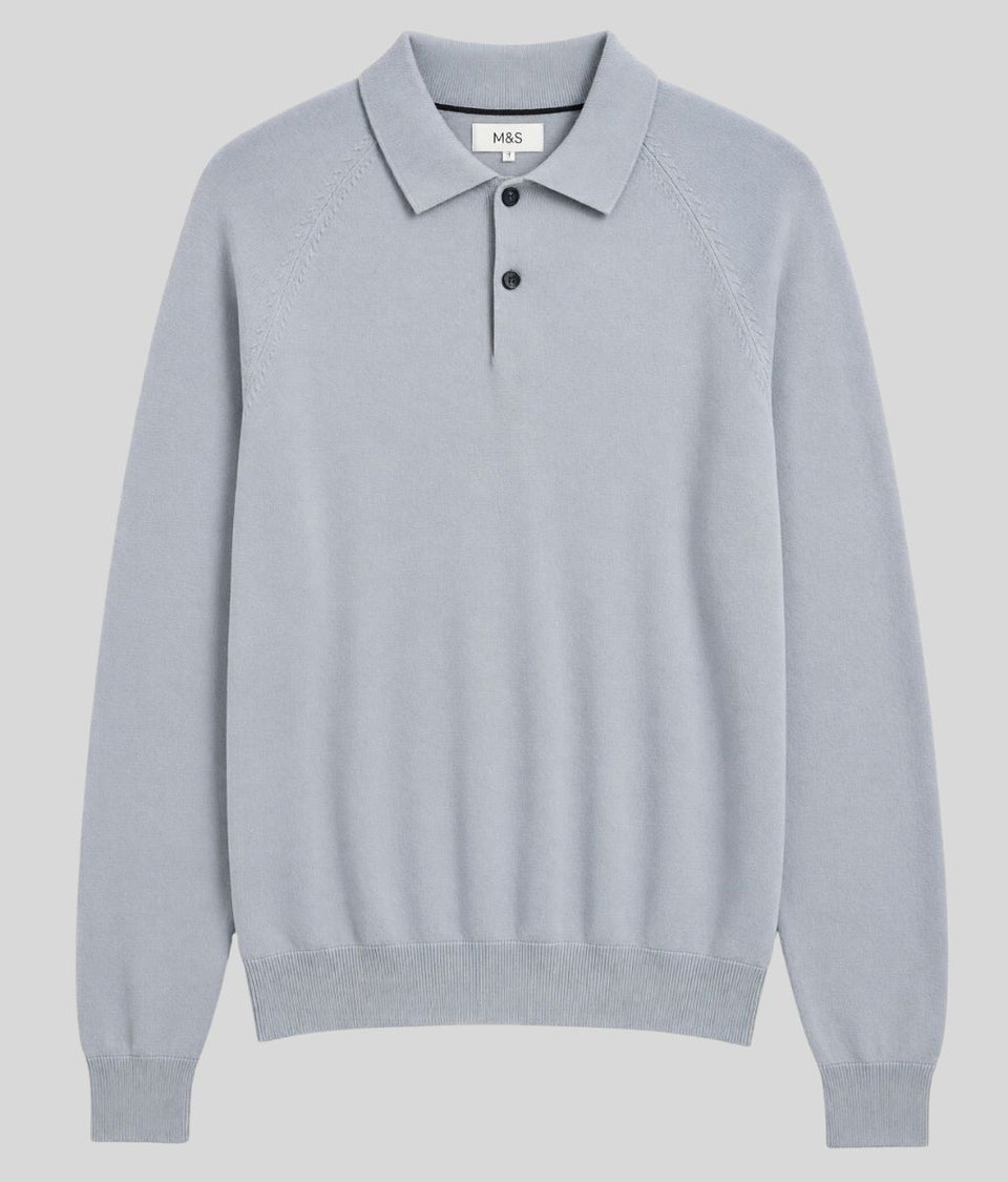 Mens Light Grey Cotton Rich Long Sleeve Knitted Polo Top
