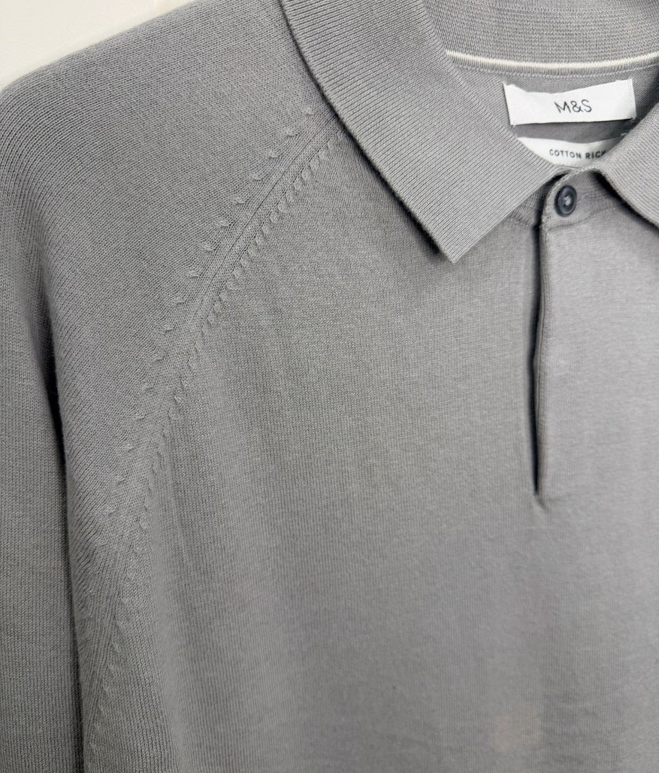 Mens Light Grey Cotton Rich Concealed Button Knitted Polo Top