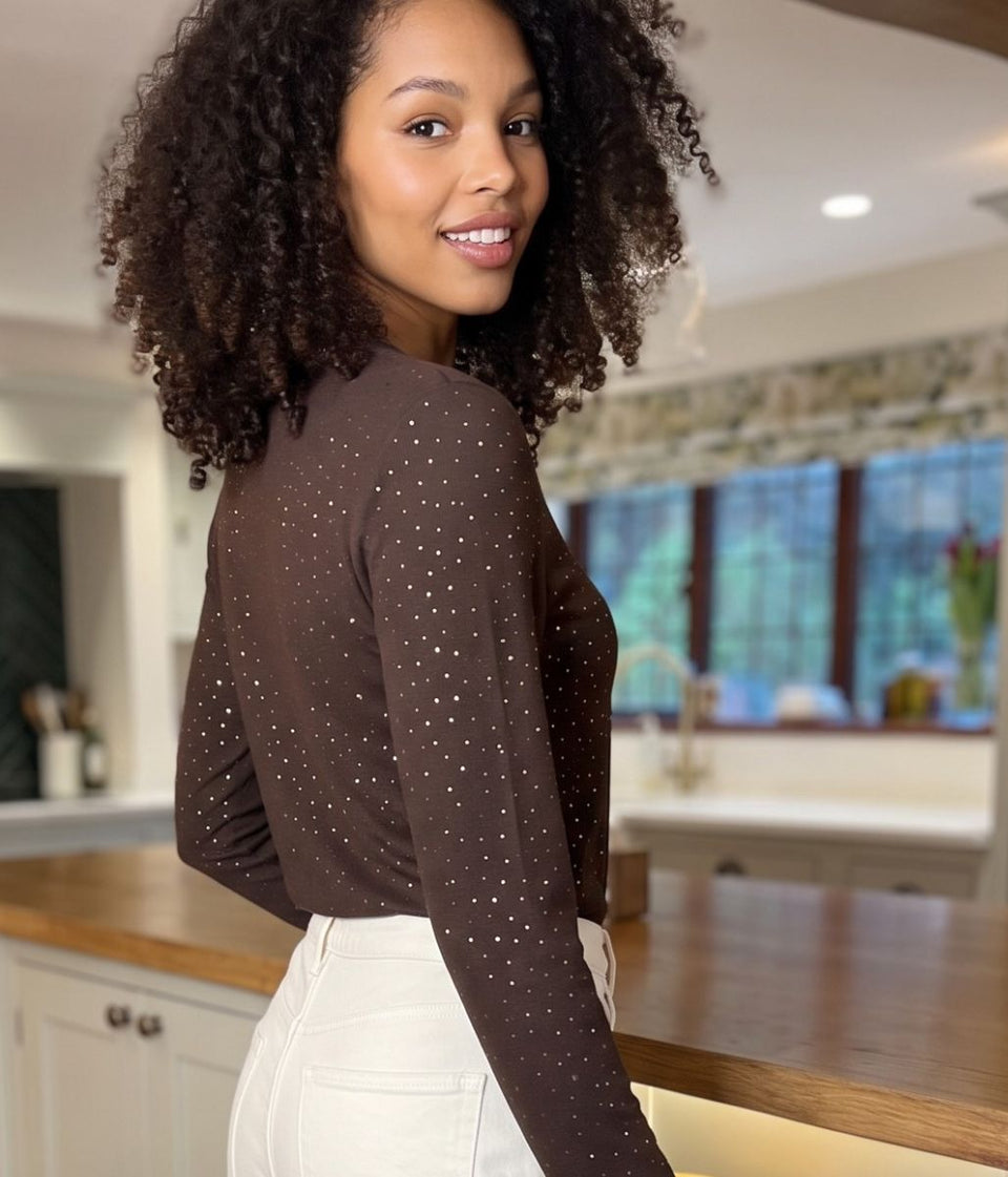 Brown sparkle jersey top - model side view