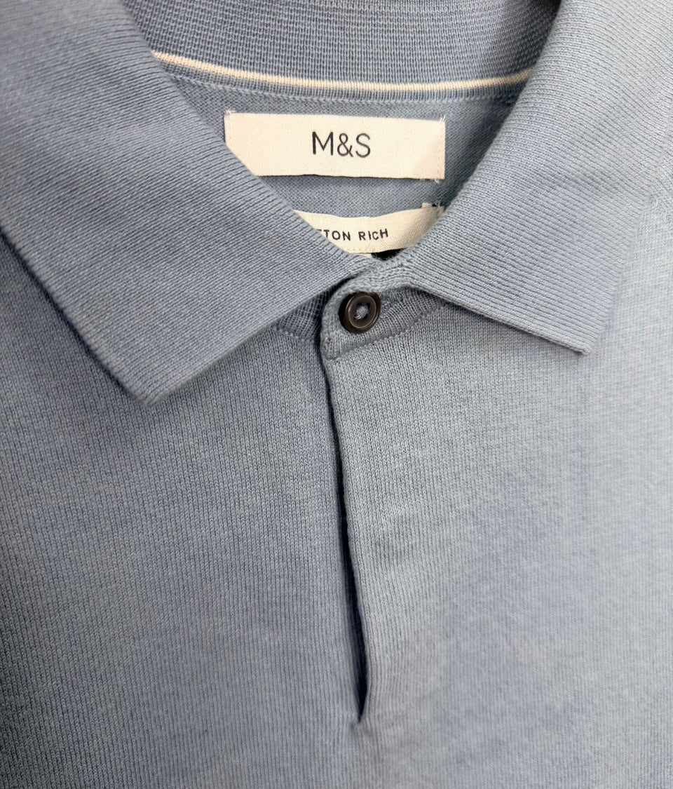 Mens Light Blue Cotton Rich Concealed Button Knitted Polo Top