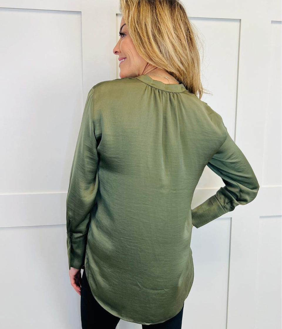 Khaki Satin Look Popover Blouse