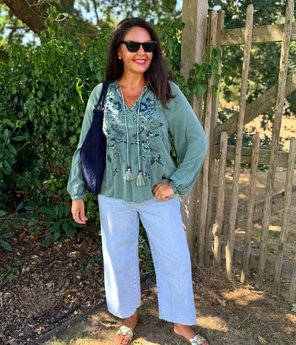 Green Embroidered Boho Top