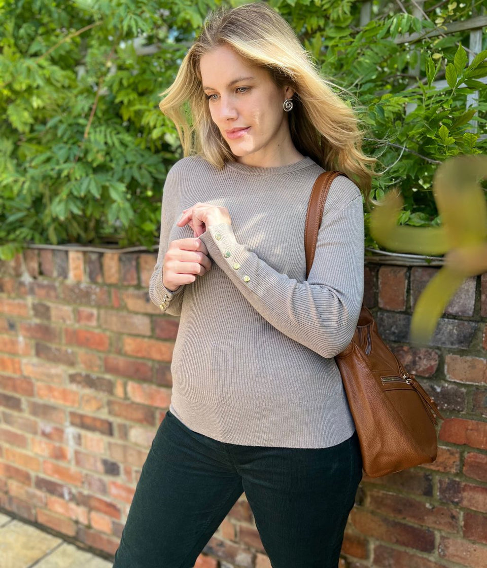 Taupe Ribbed Button Cuff Jumper