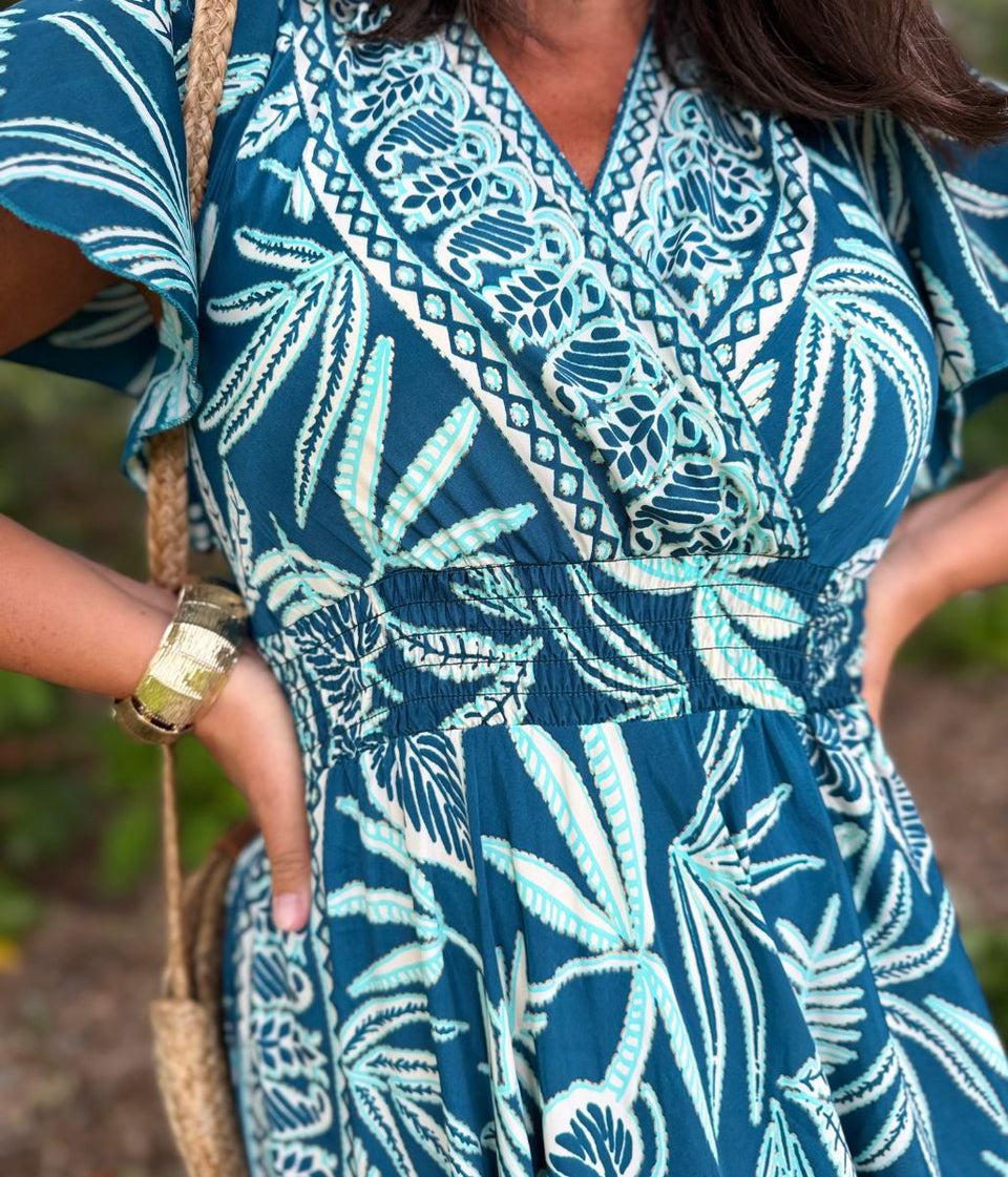 Marrakesh Teal Angel Sleeve Shirred Maxi Dress