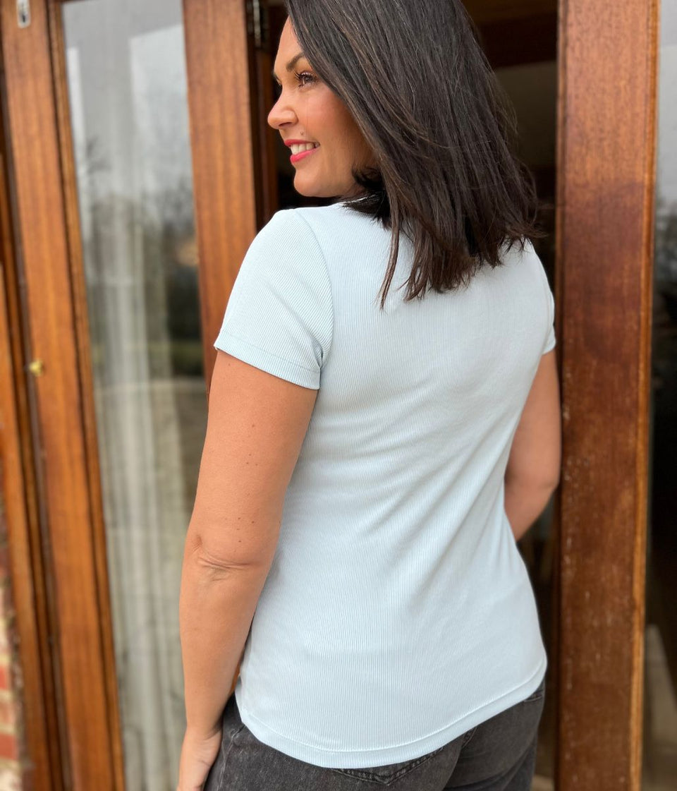 Ice Blue Ribbed Scoop Neck T Shirt