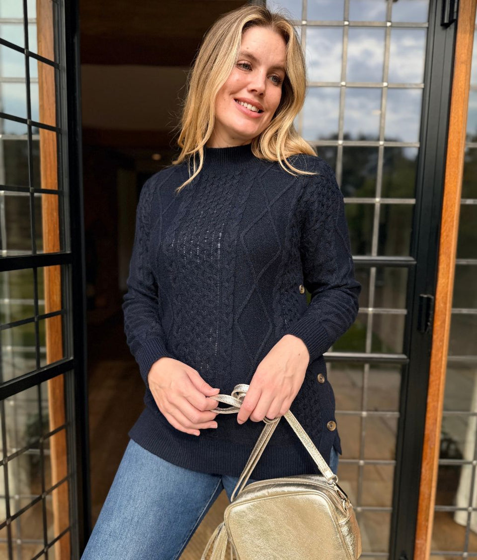 Navy Side Button Textured Knit Jumper