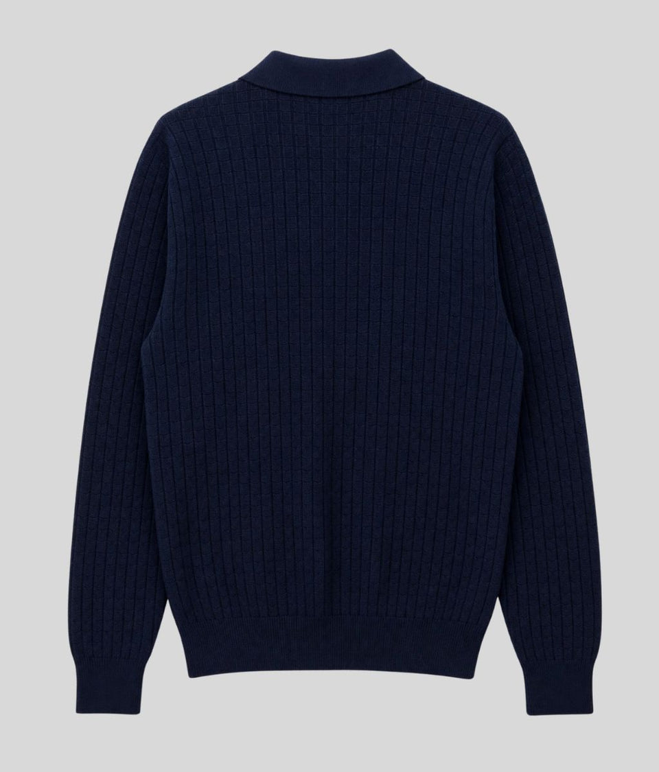 Mens Navy Textured Collared Jumper