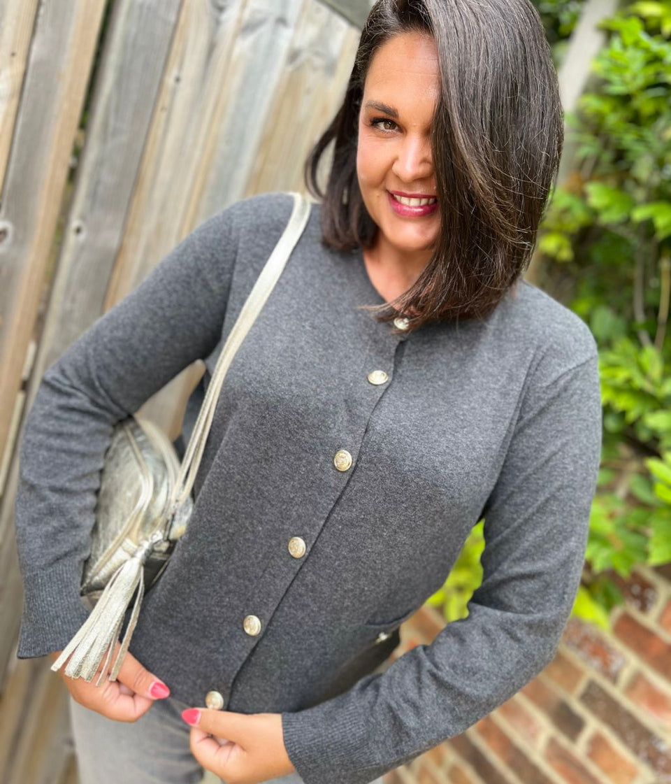 Grey Cardigan Sweater with Gold Buttons