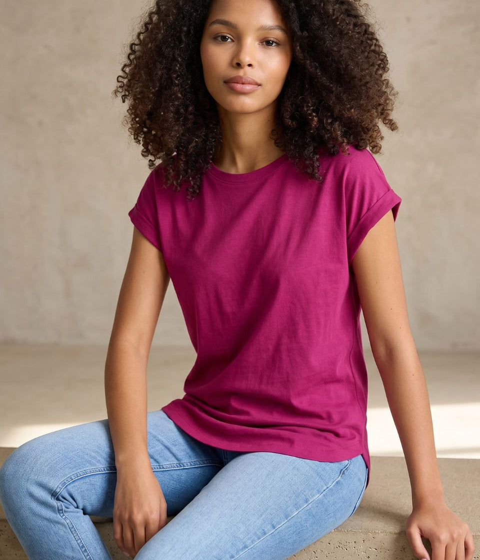 Fuchsia Cotton Cap Sleeve T Shirt
