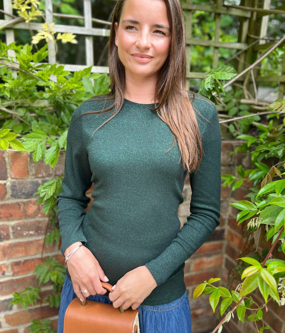 Green Ribbed Sparkly Long Sleeve Top