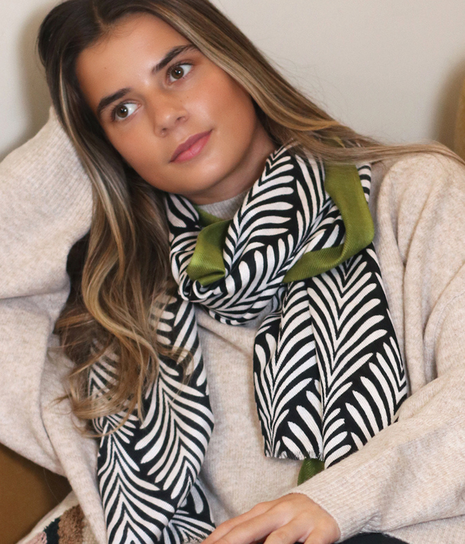 POM Olive Border Leaf Print Scarf