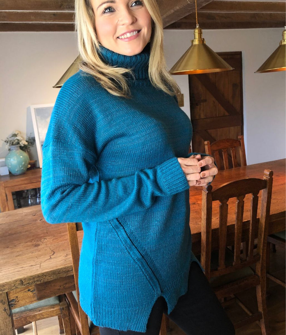 Teal Chunky Knit Roll Neck Jumper