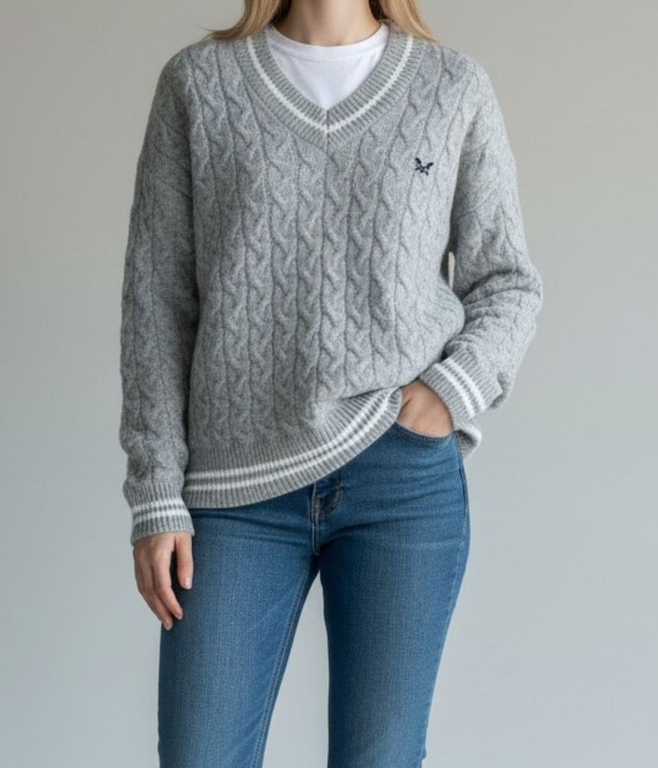 Grey V Neck Oversized Cricket Jumper