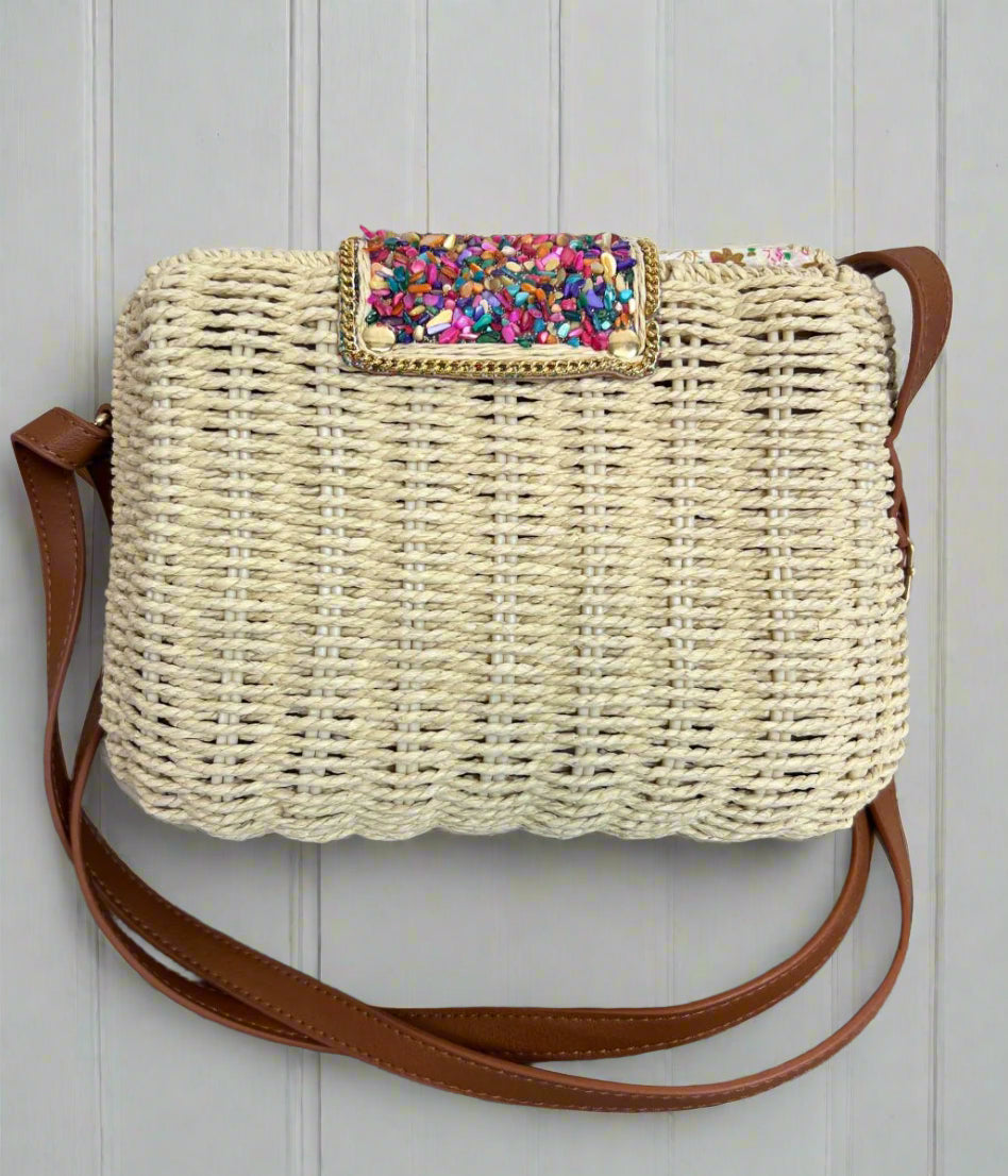 Jessica Light Raffia Beaded Basket Weave Bag