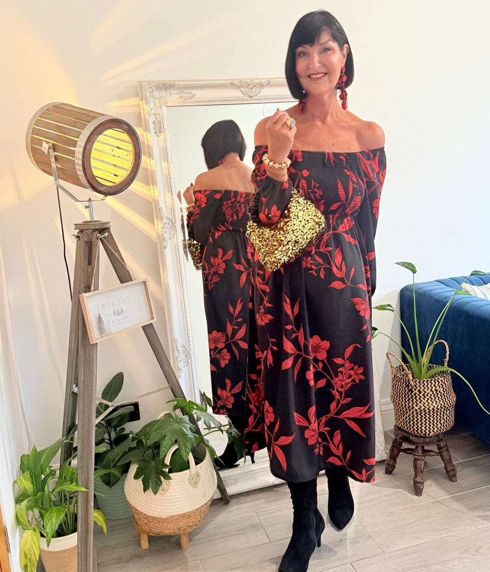 Red & Black Print Shirred Midi Dress