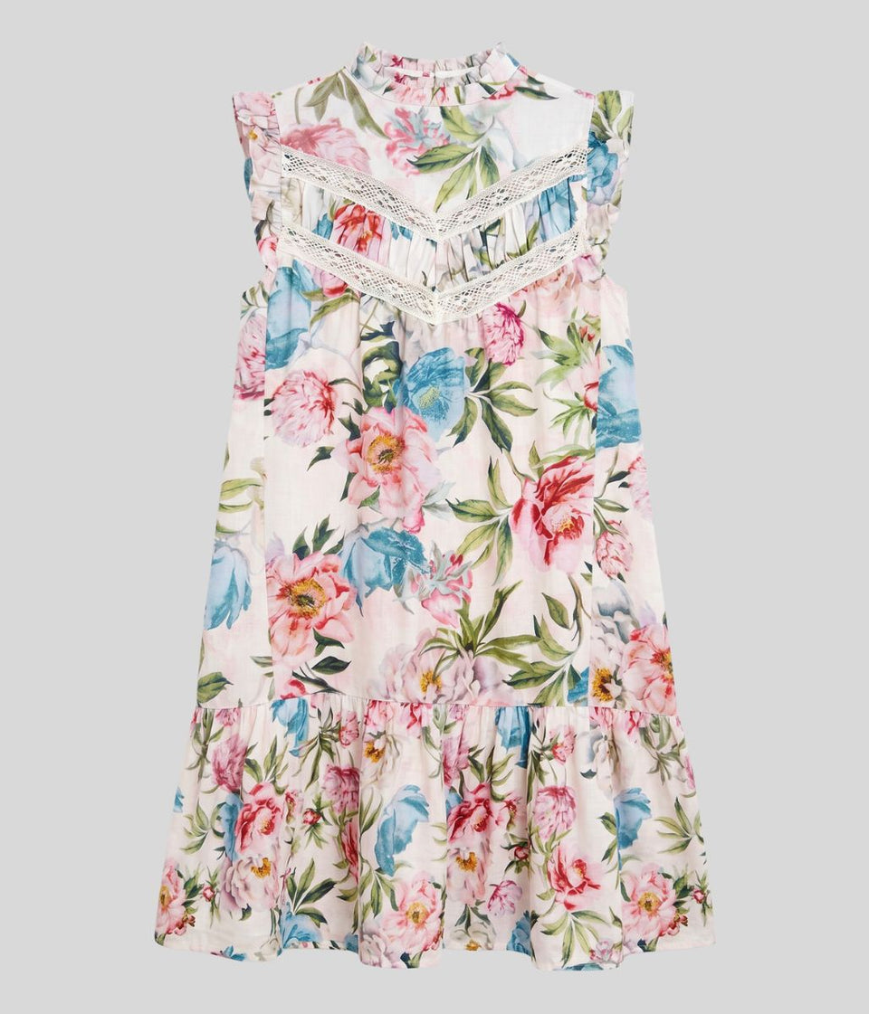 Floral Linen Blend Embroidered Detail Dress