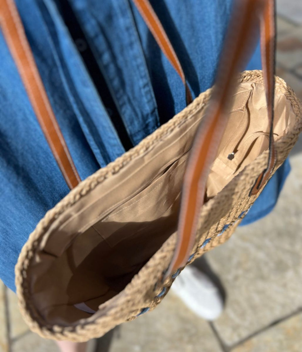 Natural Raffia Blue Weave Shopper Bag