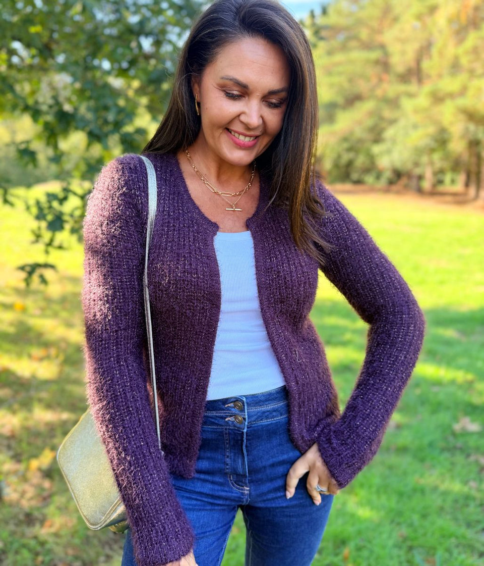 Aubergine Sparkle Knit Open Cardigan