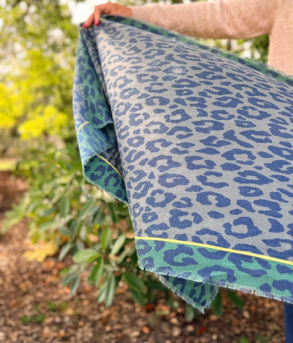 POM Blue Grey Leopard Print Scarf