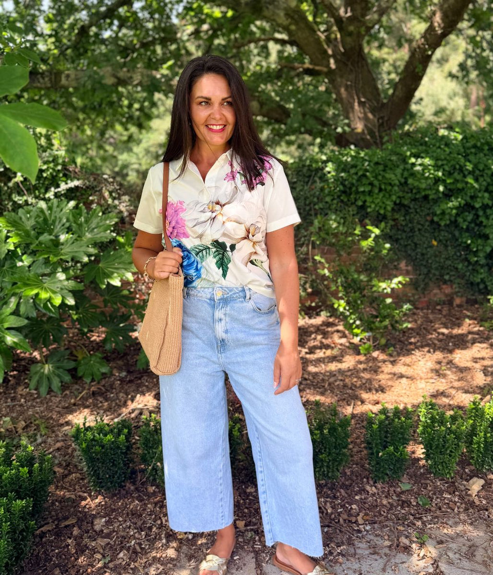 Blue Floral Short Sleeve Silky Shirt