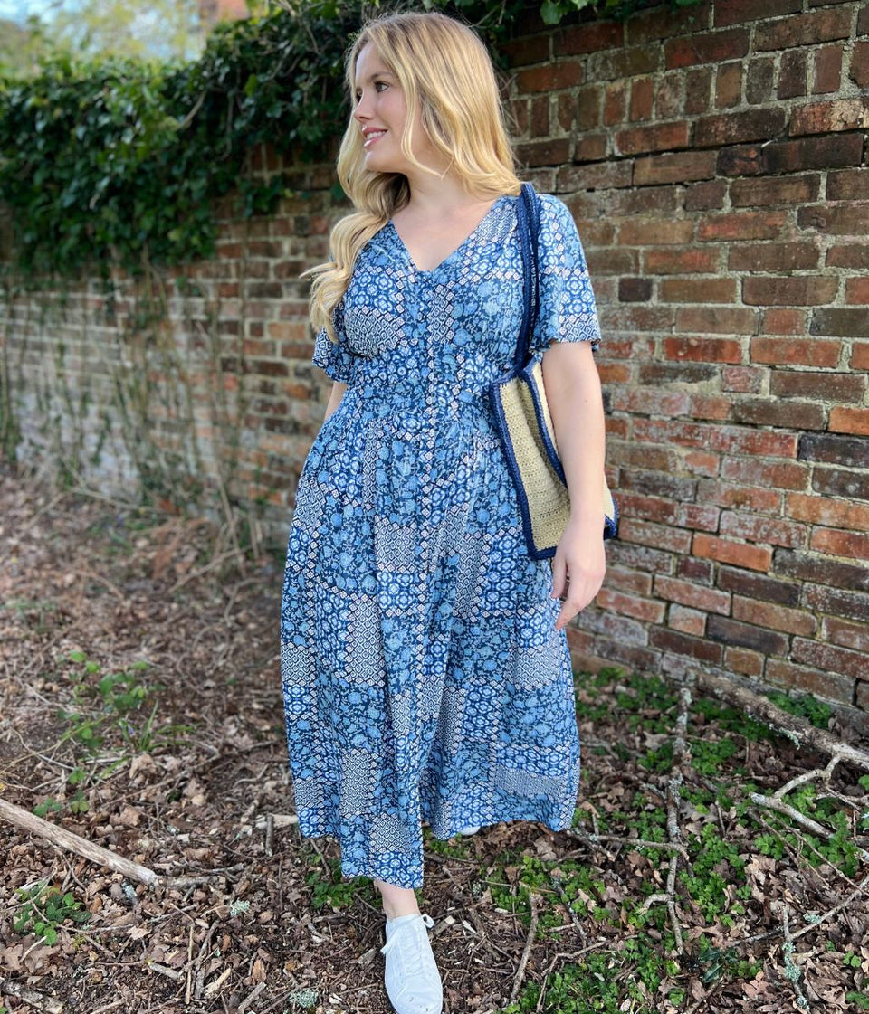 Brakeburn Blue Patchwork Floral Midi Dress