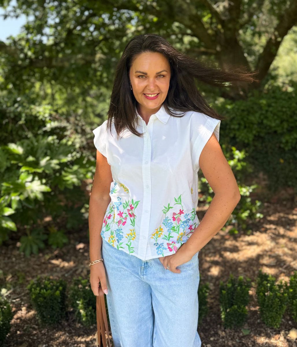 White Floral Embroidered Sleeveless Shirt
