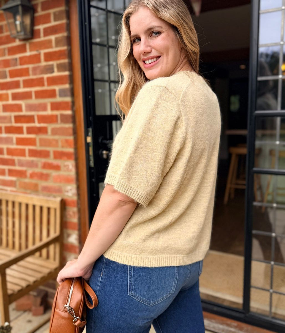 Sage Flower Embellished Short Sleeve Jumper