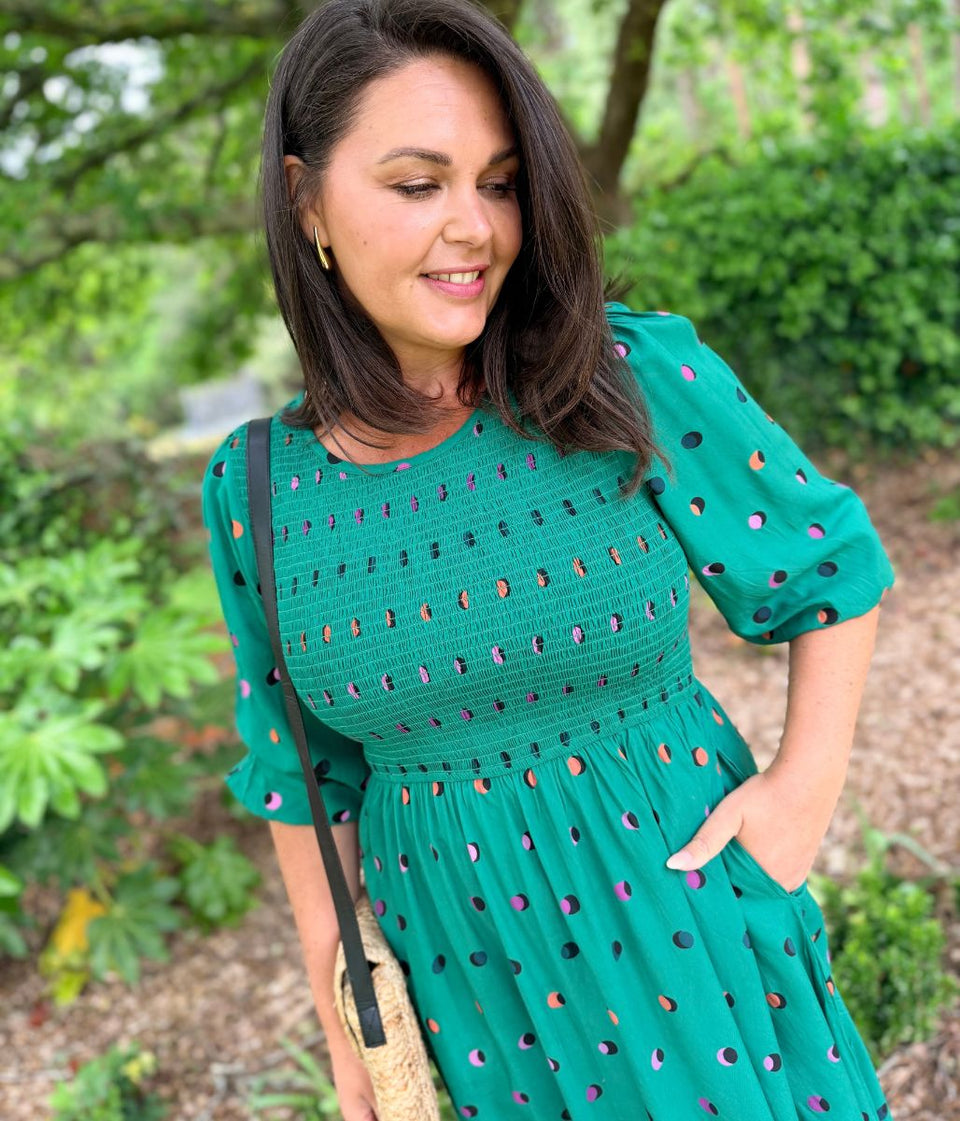 Green Rainbow Polka Gretal Shirred Midi Dress