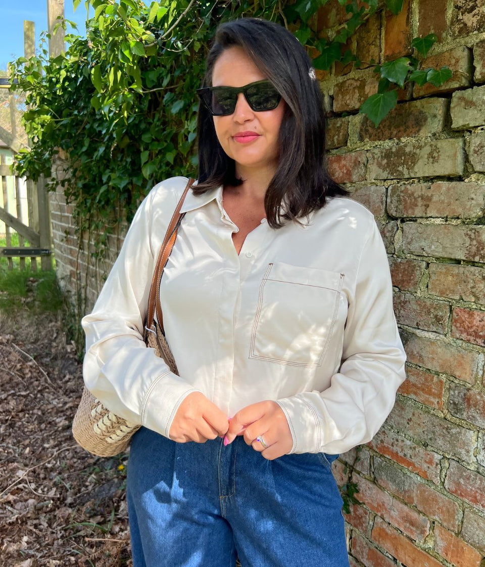 Ivory Contrast Stitch Satin Shirt