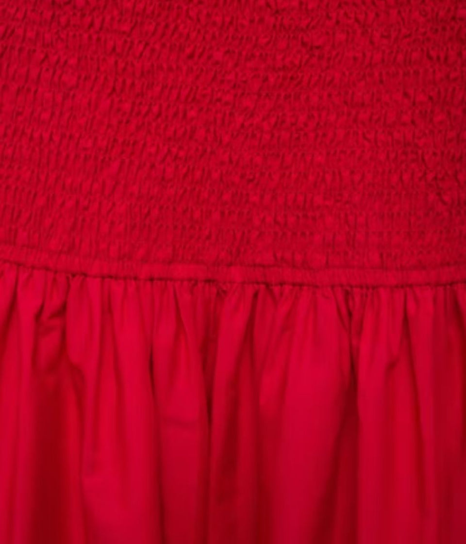 Red Strapless Shirred Maxi Dress