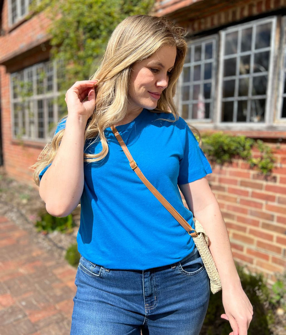 Bright Blue Linen Blend Crew Neck Top