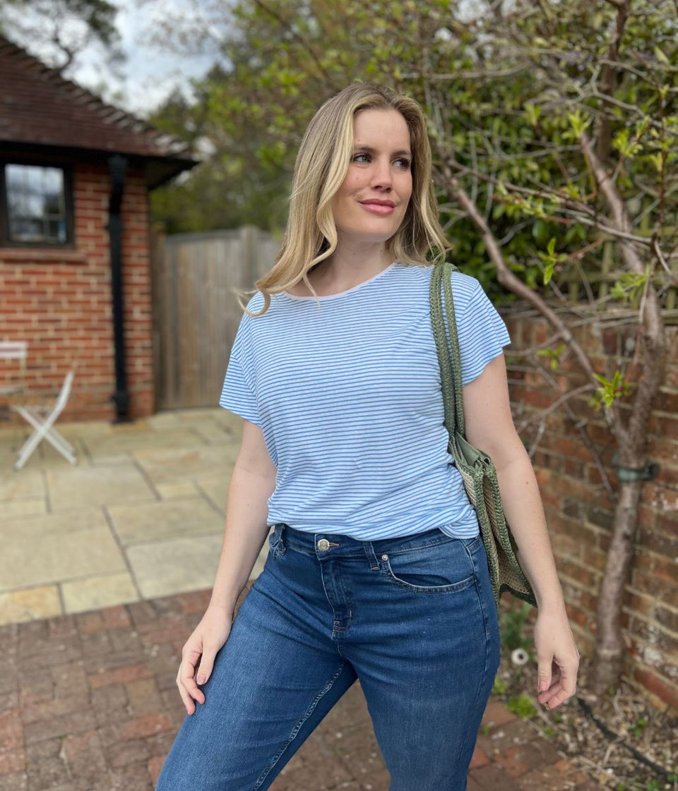 Blue Striped Linen Blend Crew Neck Top