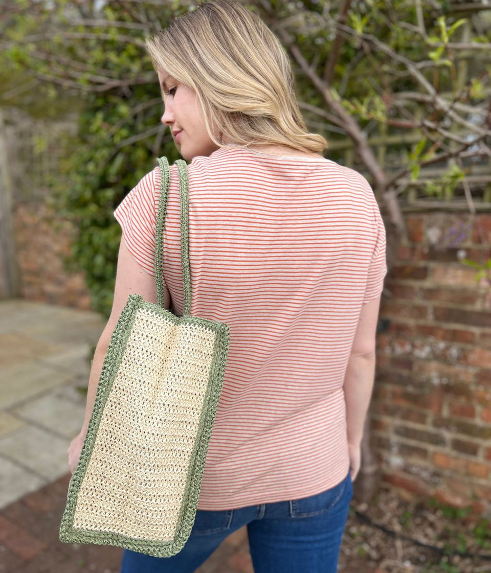Orange Striped Linen Blend Crew Neck Top