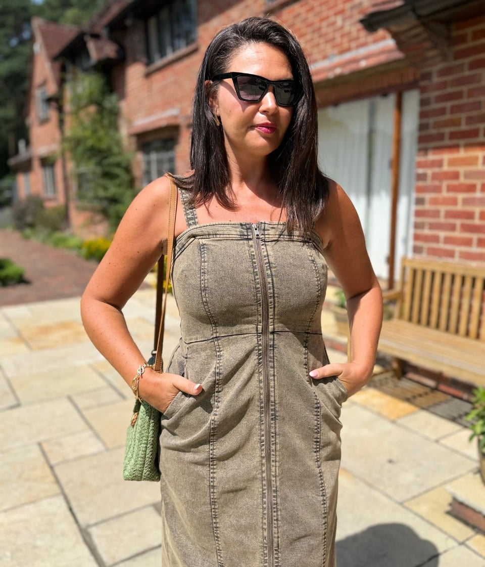 Grey Denim Zip Through Midi Dress