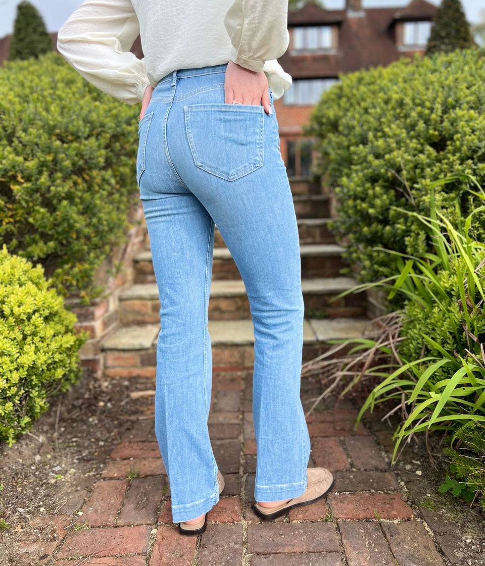 Light Denim Crease Front Slim Flare Jeans