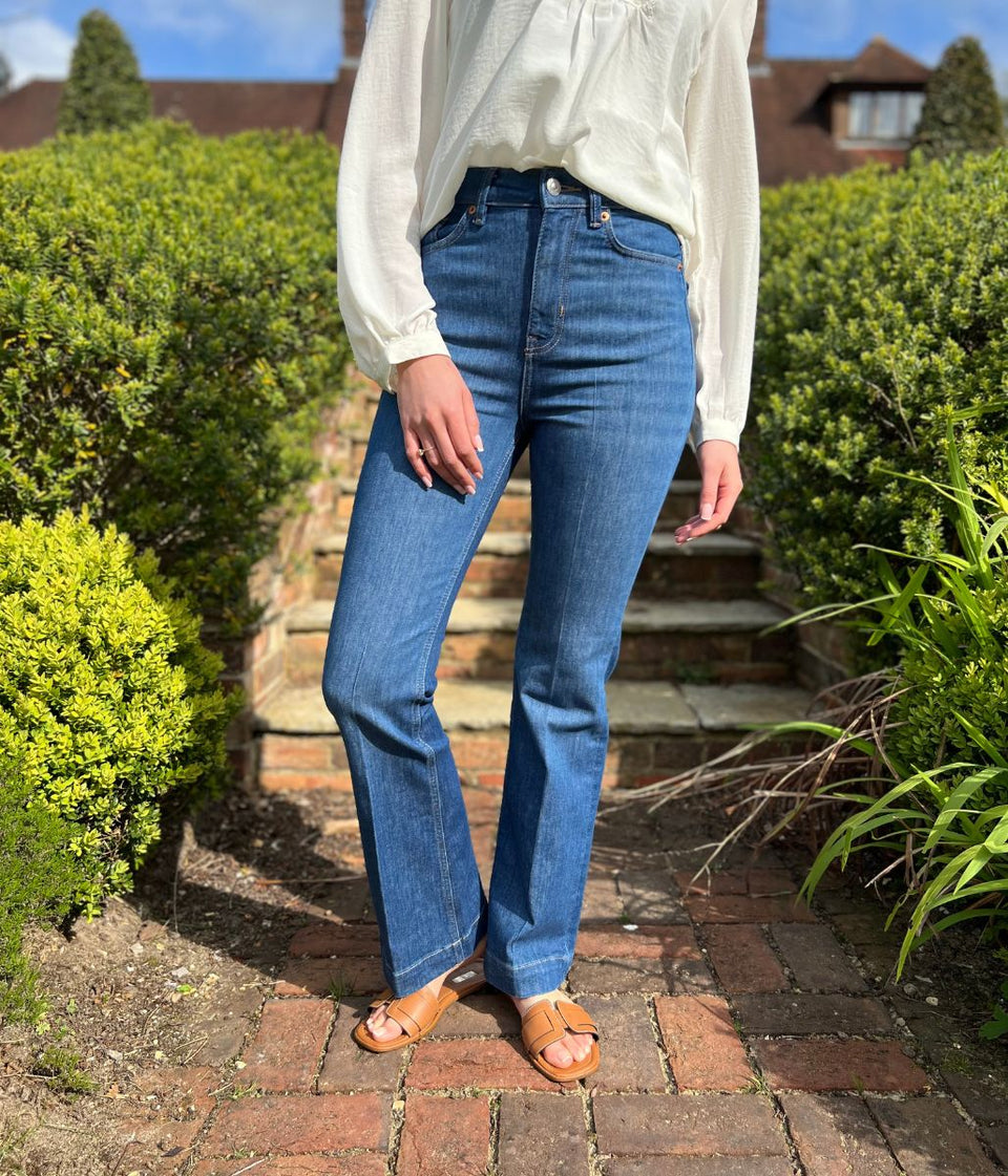 Mid Denim Crease Front Slim Flare Jeans