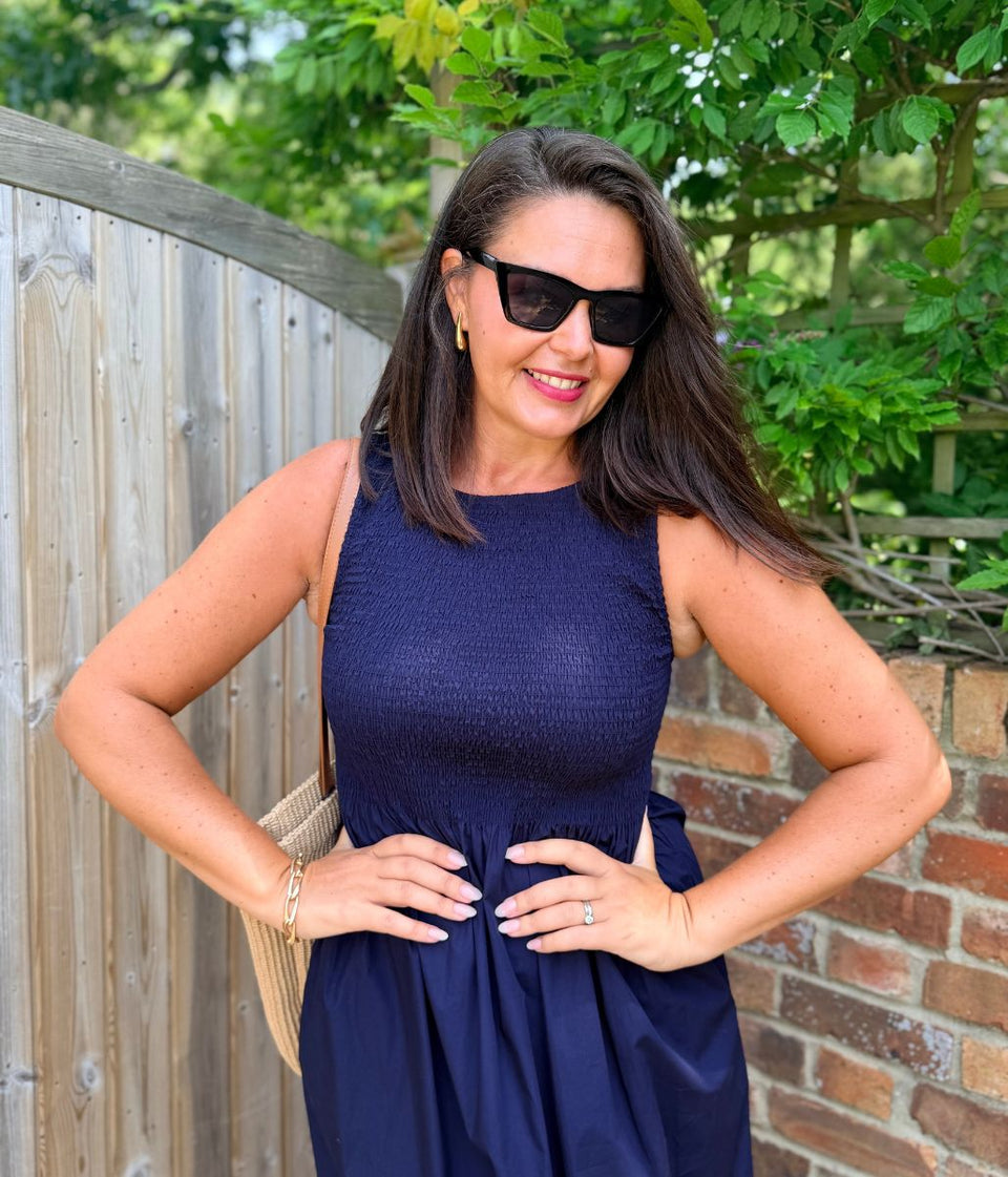 Navy Cotton Poplin Shirred Dress