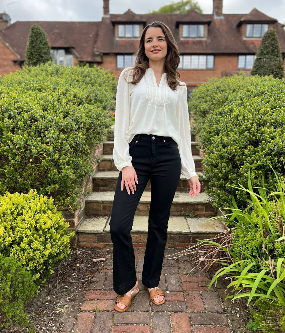 Black Denim Crease Front Slim Flare Jeans