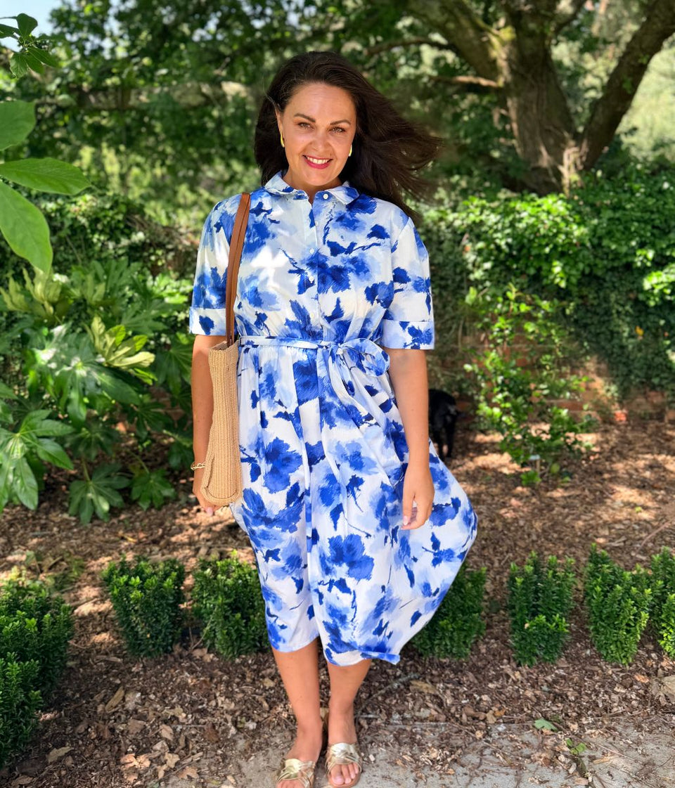 Blue Floral Midi Shirt Dress