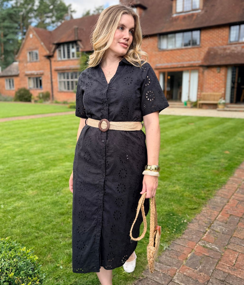 Black Belted Broderie Anglaise Shirt Dress