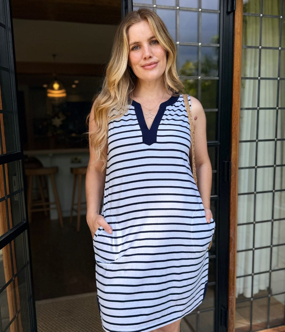 Navy Stripe Jersey Notch Neck Dress