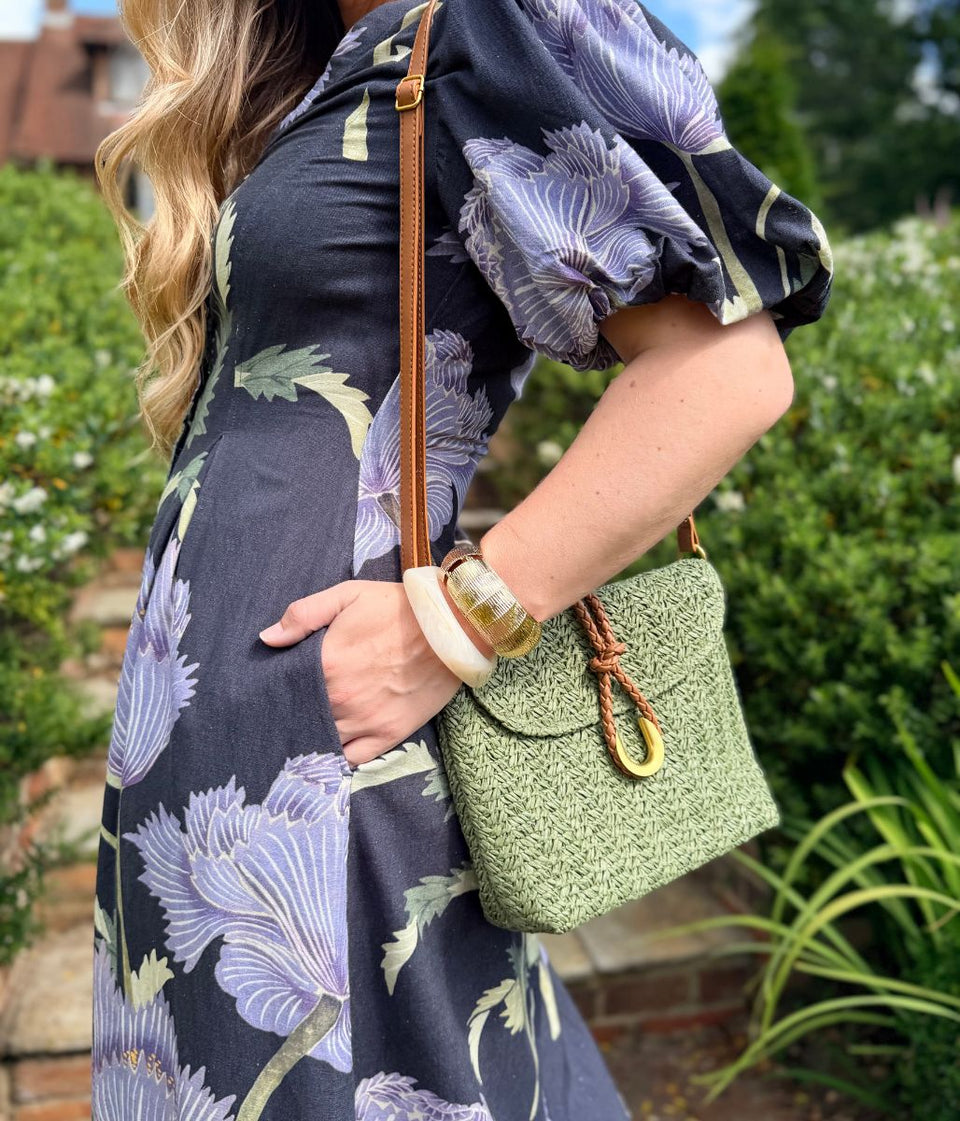Navy Floral Linen Blend Puff Sleeve Midi Dress