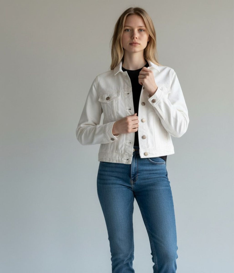 White Denim Fitted Cropped Trucker Jacket