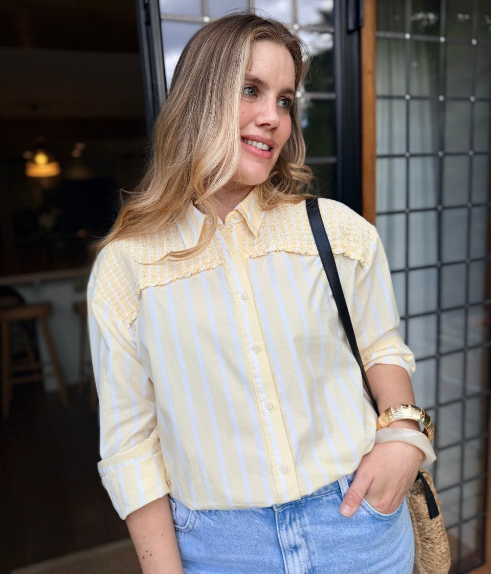 Yellow Pure Cotton Shirred Striped Shirt