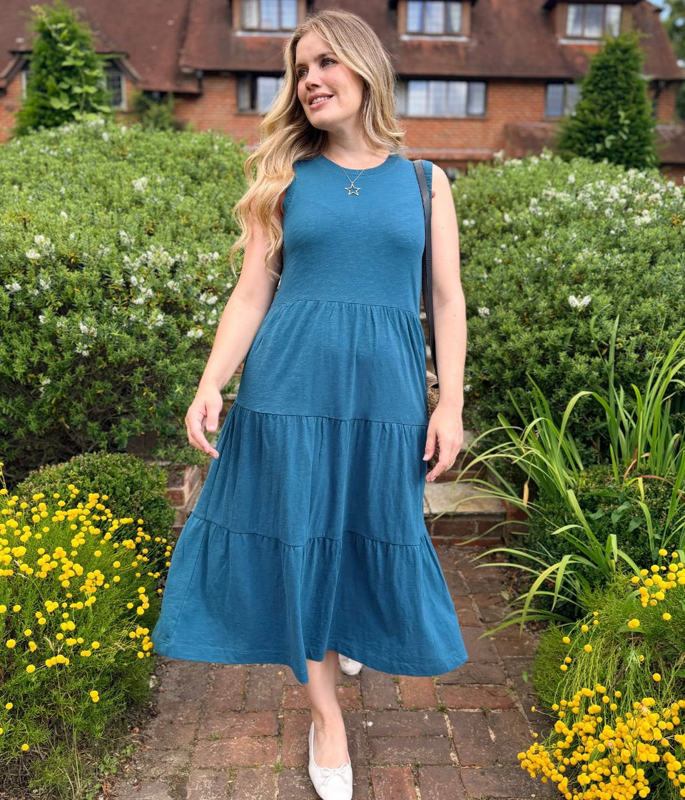 Teal Sleeveless Cotton Slub Jersey Tiered Midi Dress