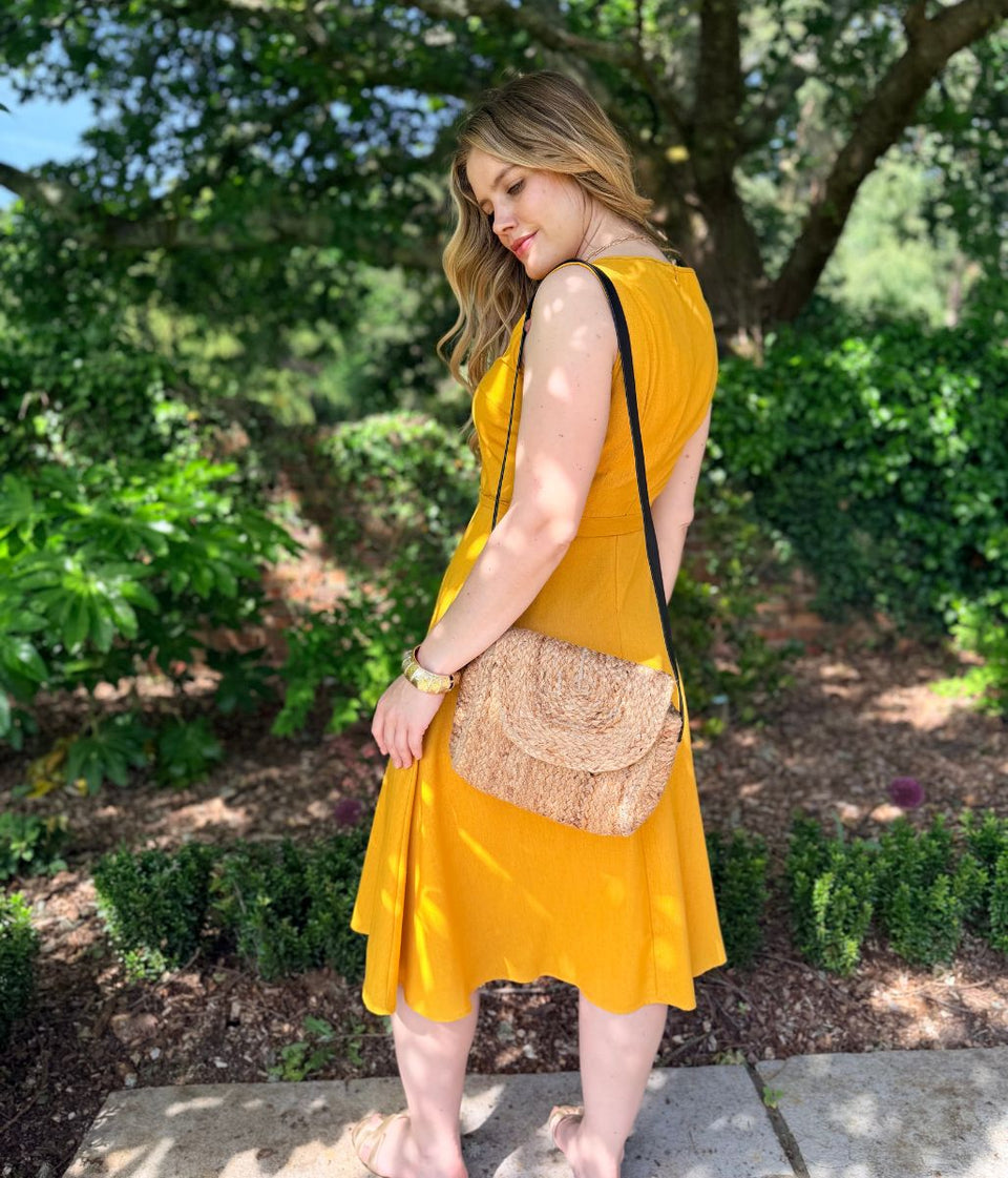Mustard Sleeveless Belted Linen Blend Midi Dress
